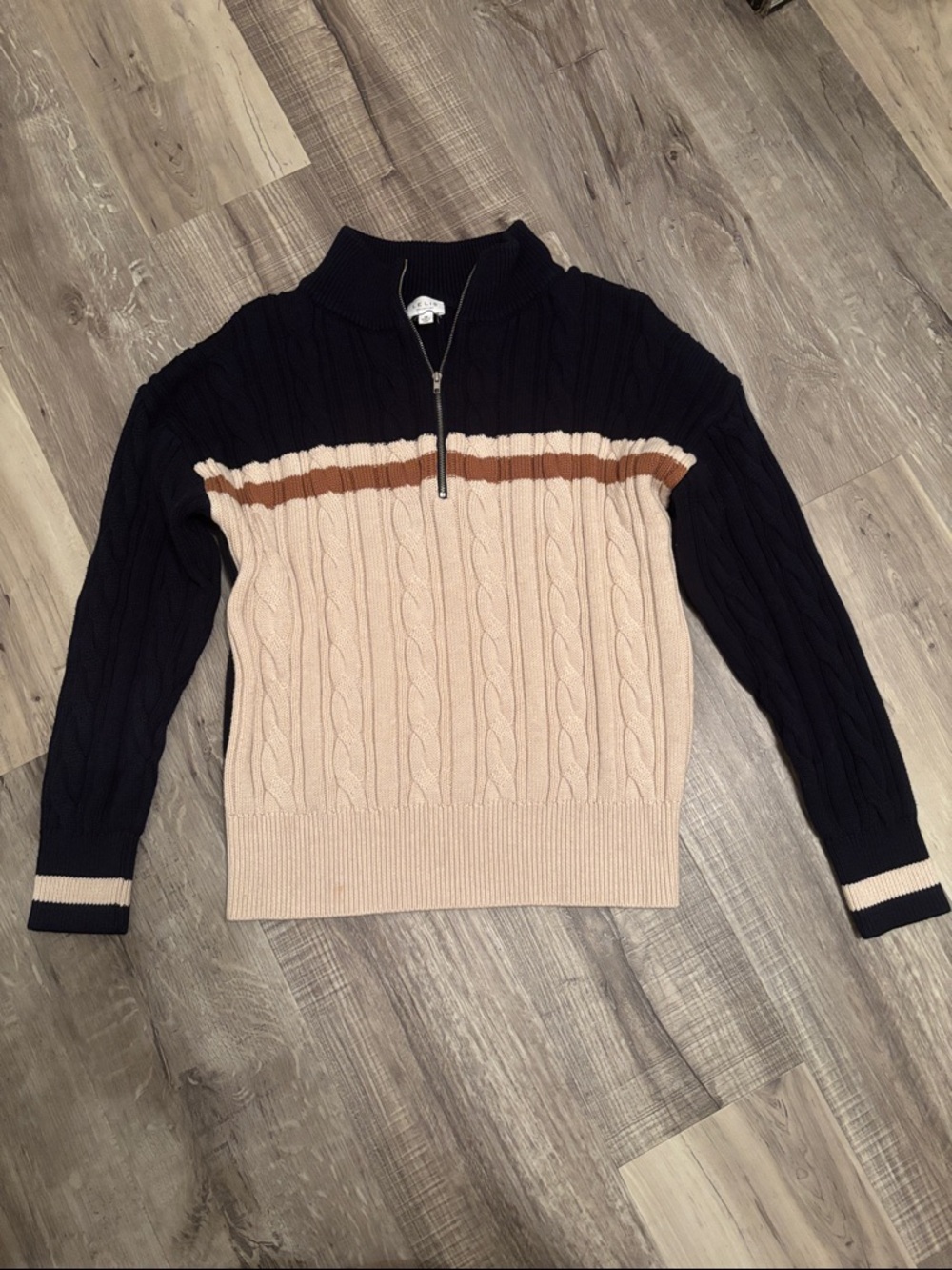 Le Lis Navy, Cream & Brown Half-Zip Cable Knit Sweater
